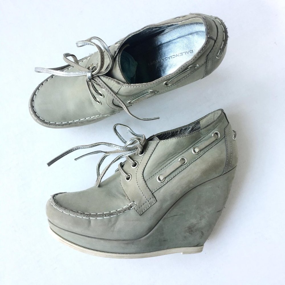 Balenciaga Gray and Green Wedge Booties with Moccasin Toe